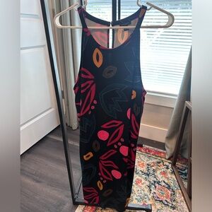 Ann Taylor Factory Black Dress with Pink and Orange Leaf Pattern